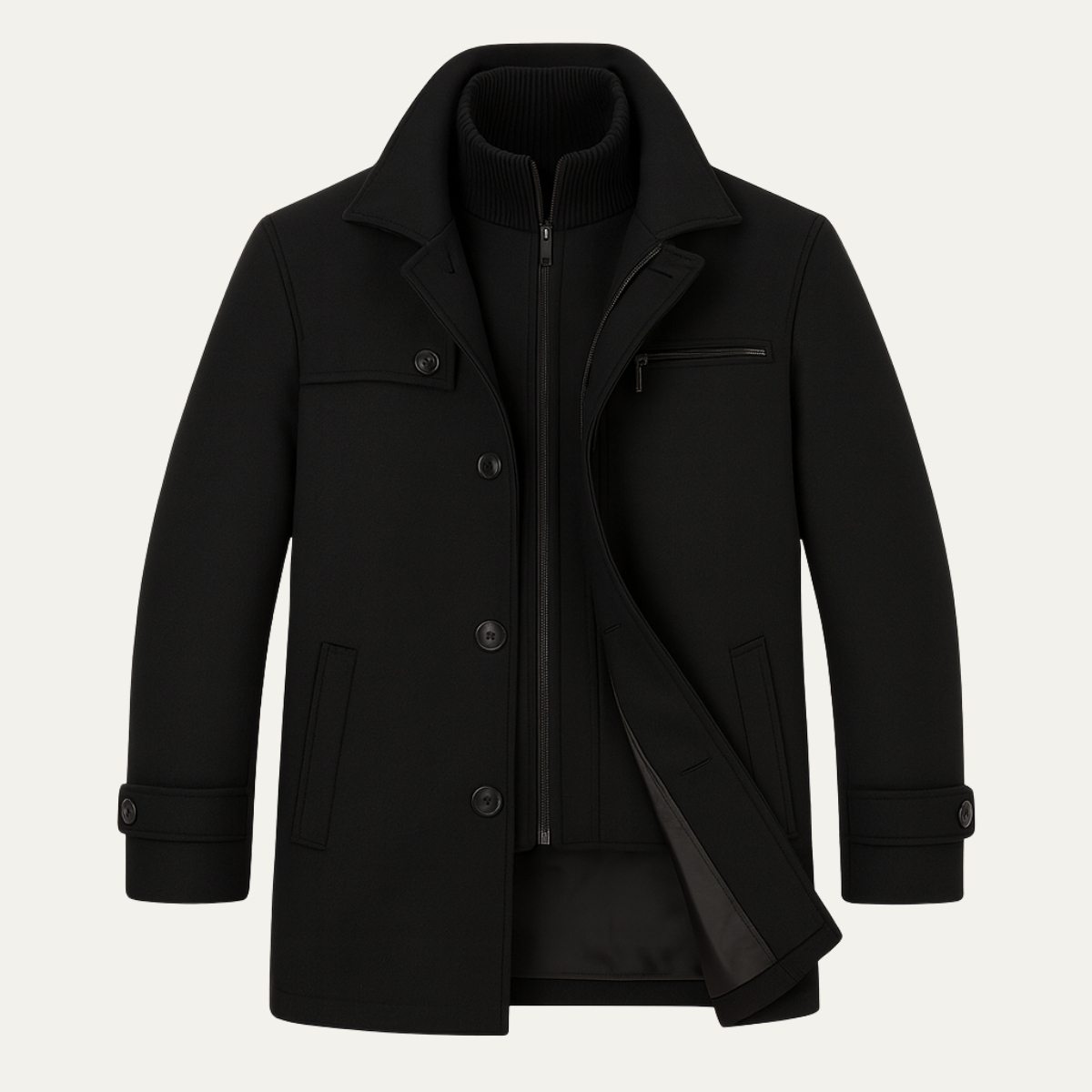 Men's structured winter coat with button front, chest zip pocket and adjustable cuffs