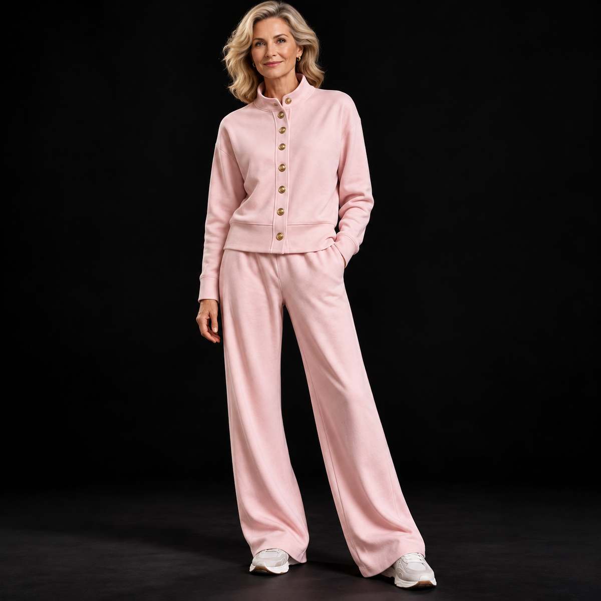 Women's long-sleeved button-front lounge set with mock neck and full-length trousers