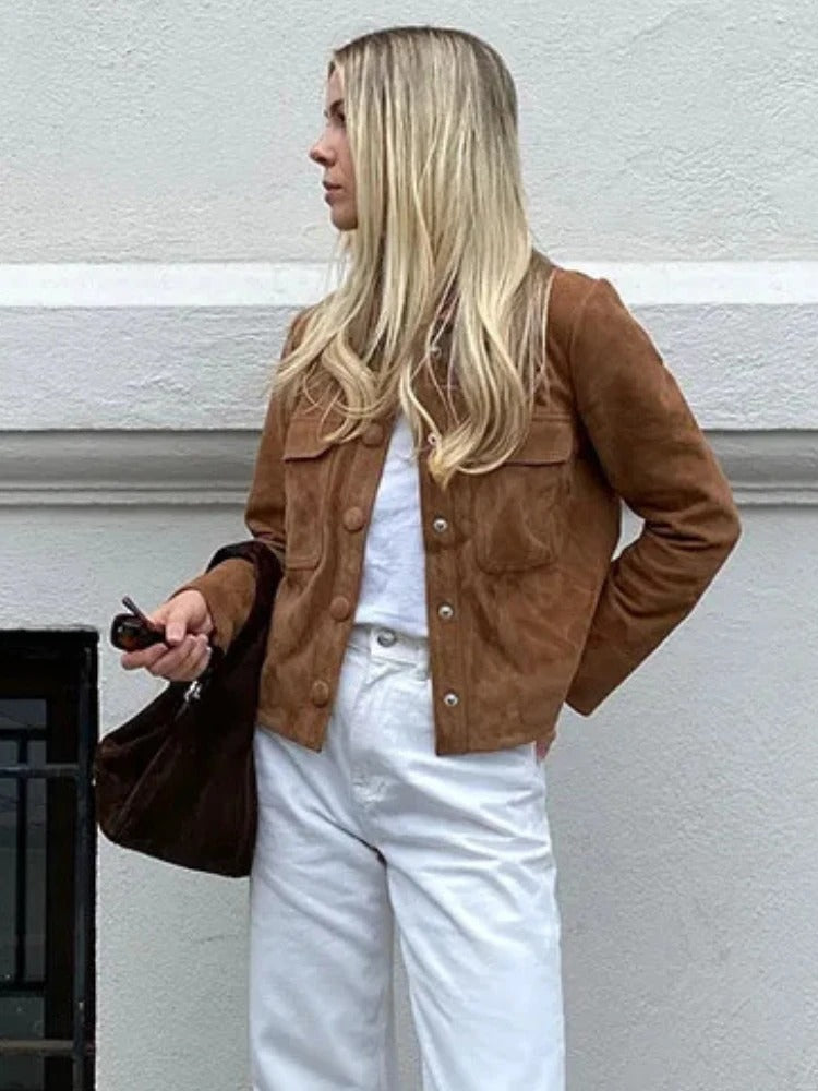 Women's Suede Jacket Cropped Button-Front Chest Pockets - Brown