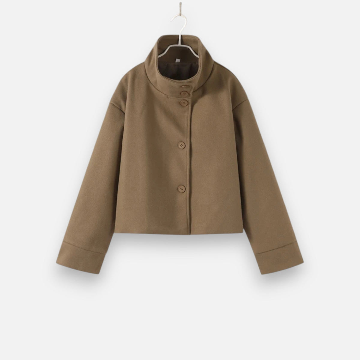Women's short collared coat with long sleeves and button front