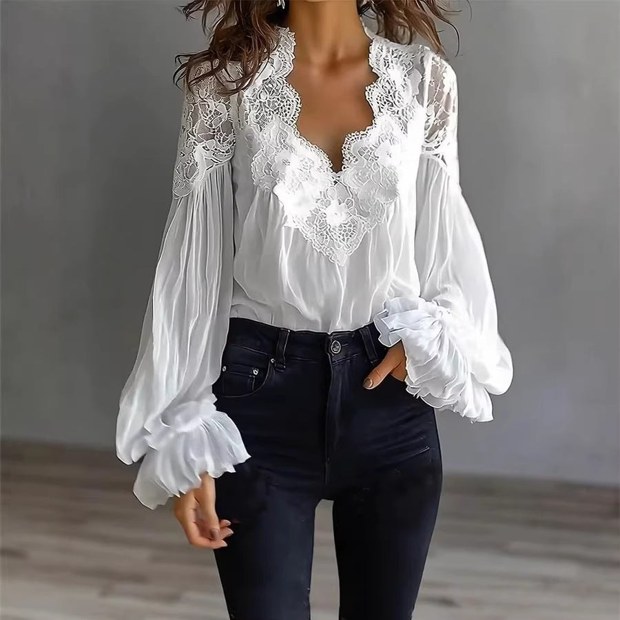 Women’s Lace Ruffle Blouse | Puff Sleeve V-Neck Top
