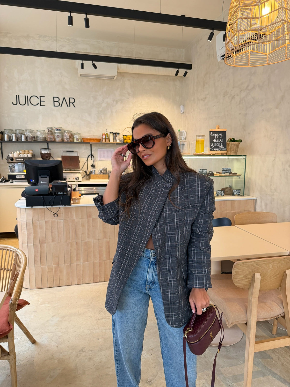 Women's grey checked asymmetric blazer with long sleeves