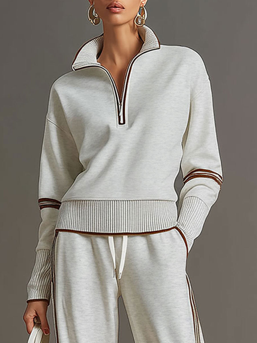 Ribbed Zip Lounge Set Grey White Loose Fit Tracksuit