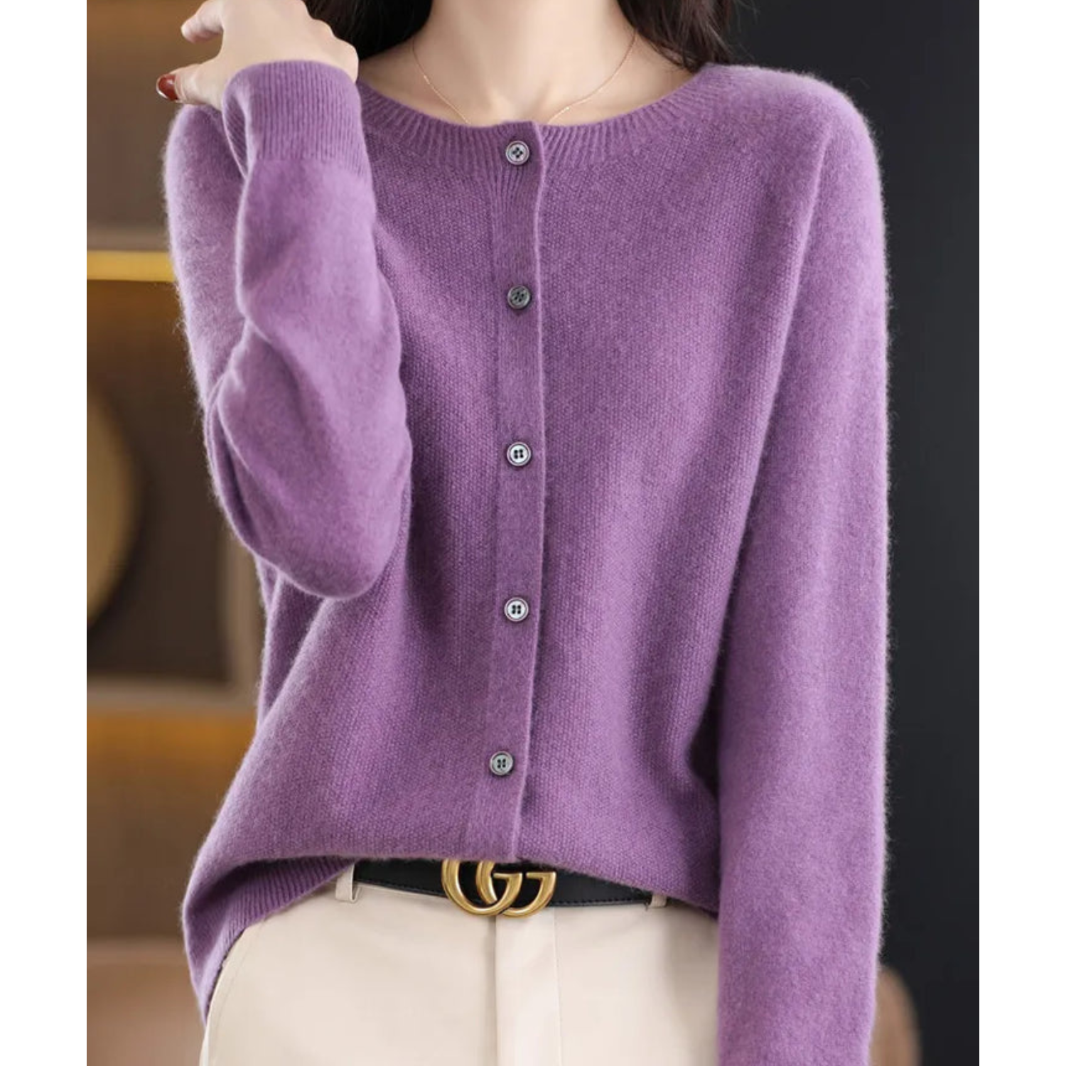 Women's Cardigan Merino Wool V-Neck Long Sleeve - Purple