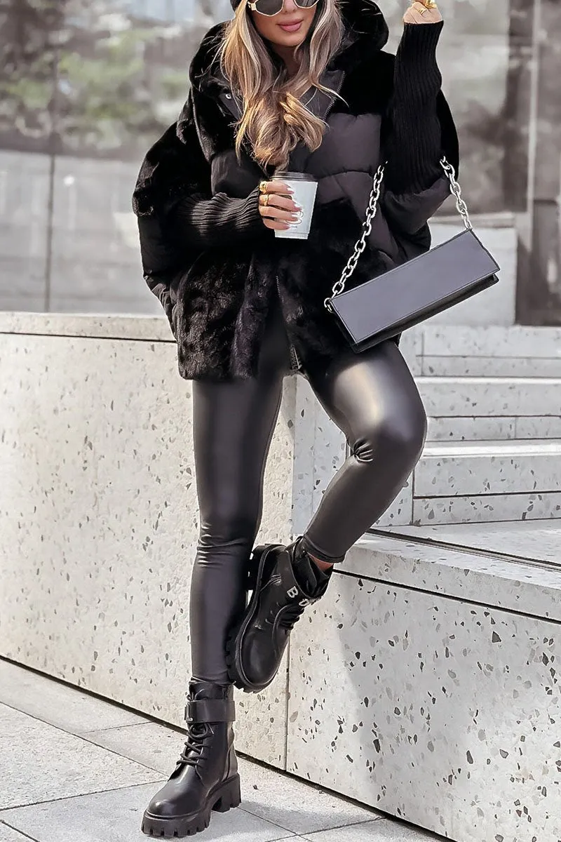 Women's hooded padded jacket with zip front, ribbed cuffs and plush textured trim