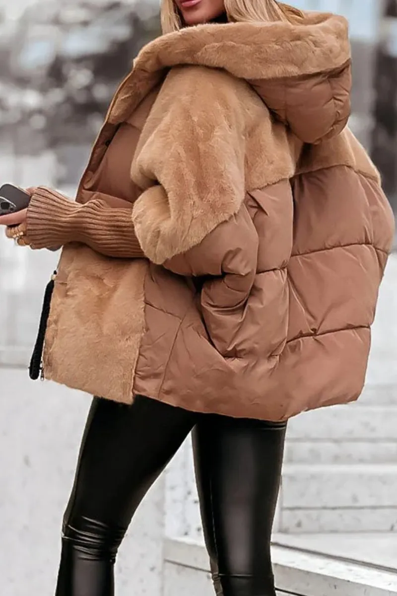 Women's hooded padded jacket with zip front, ribbed cuffs and plush textured trim