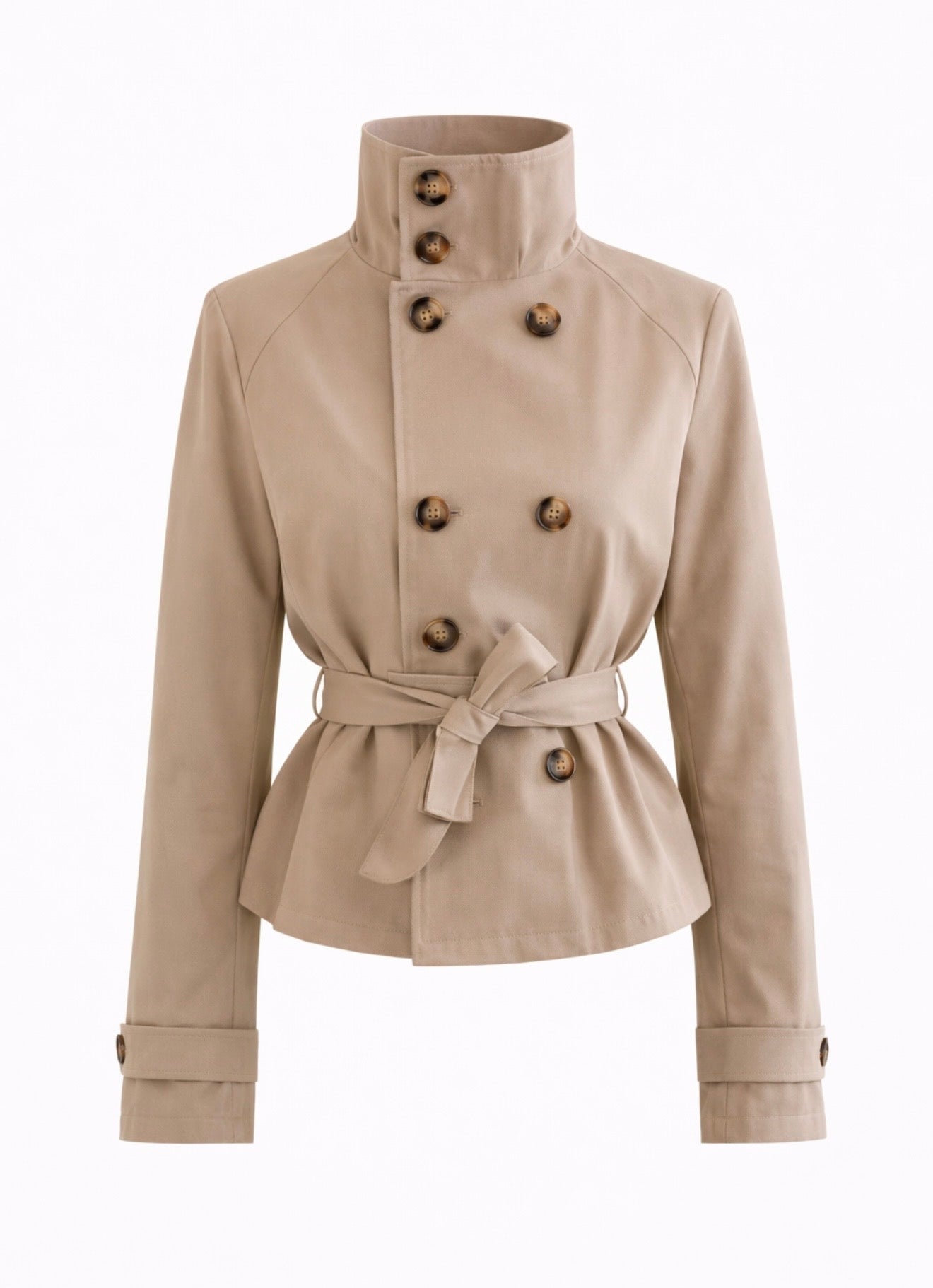 Women's beige belted trench jacket with high collar and long sleeves