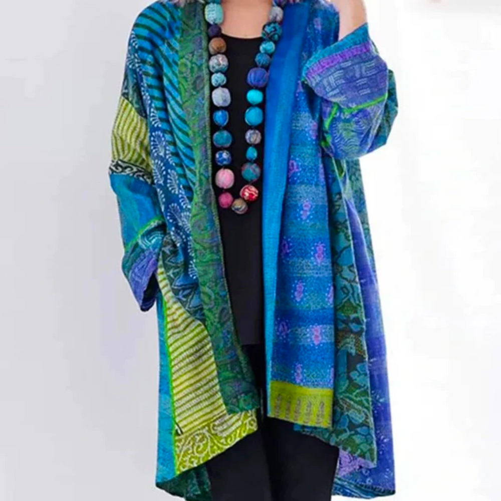 Women's loose multicoloured patchwork cardigan with open front and long sleeves