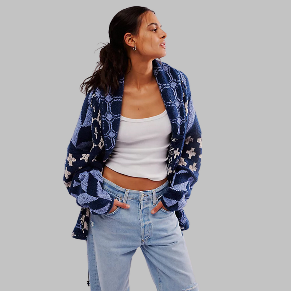 Women's oversized multi-patterned cardigan with shawl collar and button front