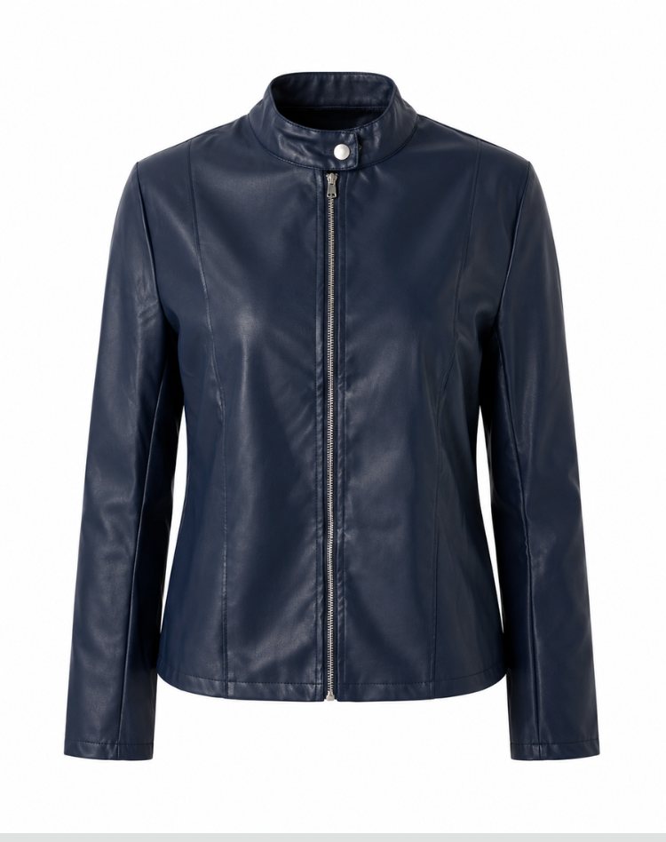 Fitted zip-front jacket with stand collar and long sleeves