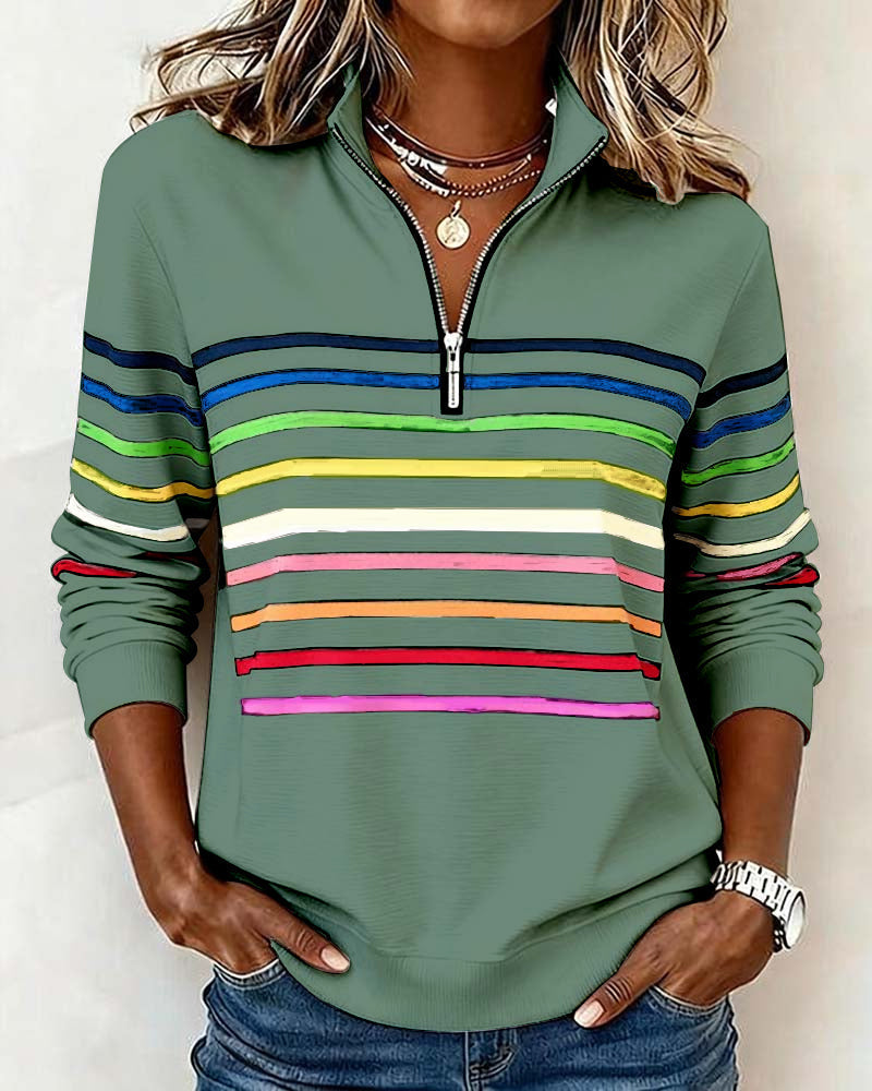 Women's striped half-zip sweatshirt with mock neck and long sleeves