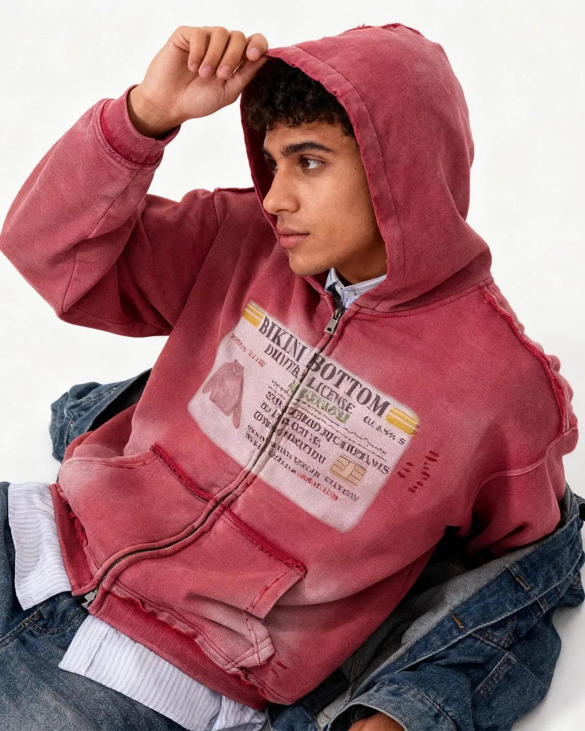Unisex graphic ripped washed zip-up hoodie with hood and front pockets