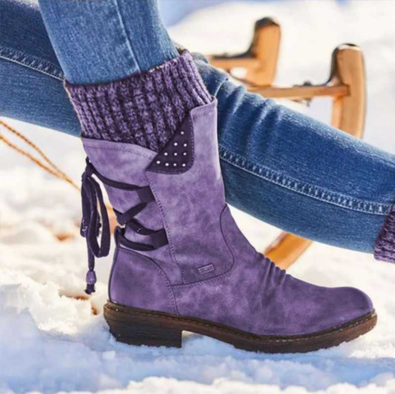 Women's mid-calf boots with side zips, lace-up detail, knitted cuffs and low heels