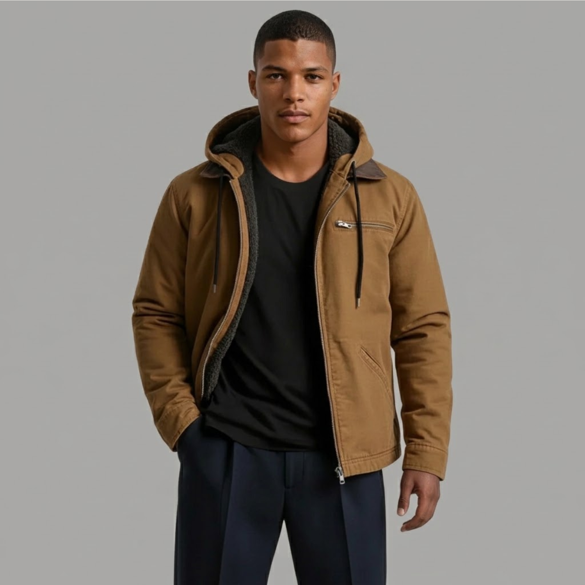 Men's hooded fleece-lined jacket with zip fastening, chest pocket and ribbed trims