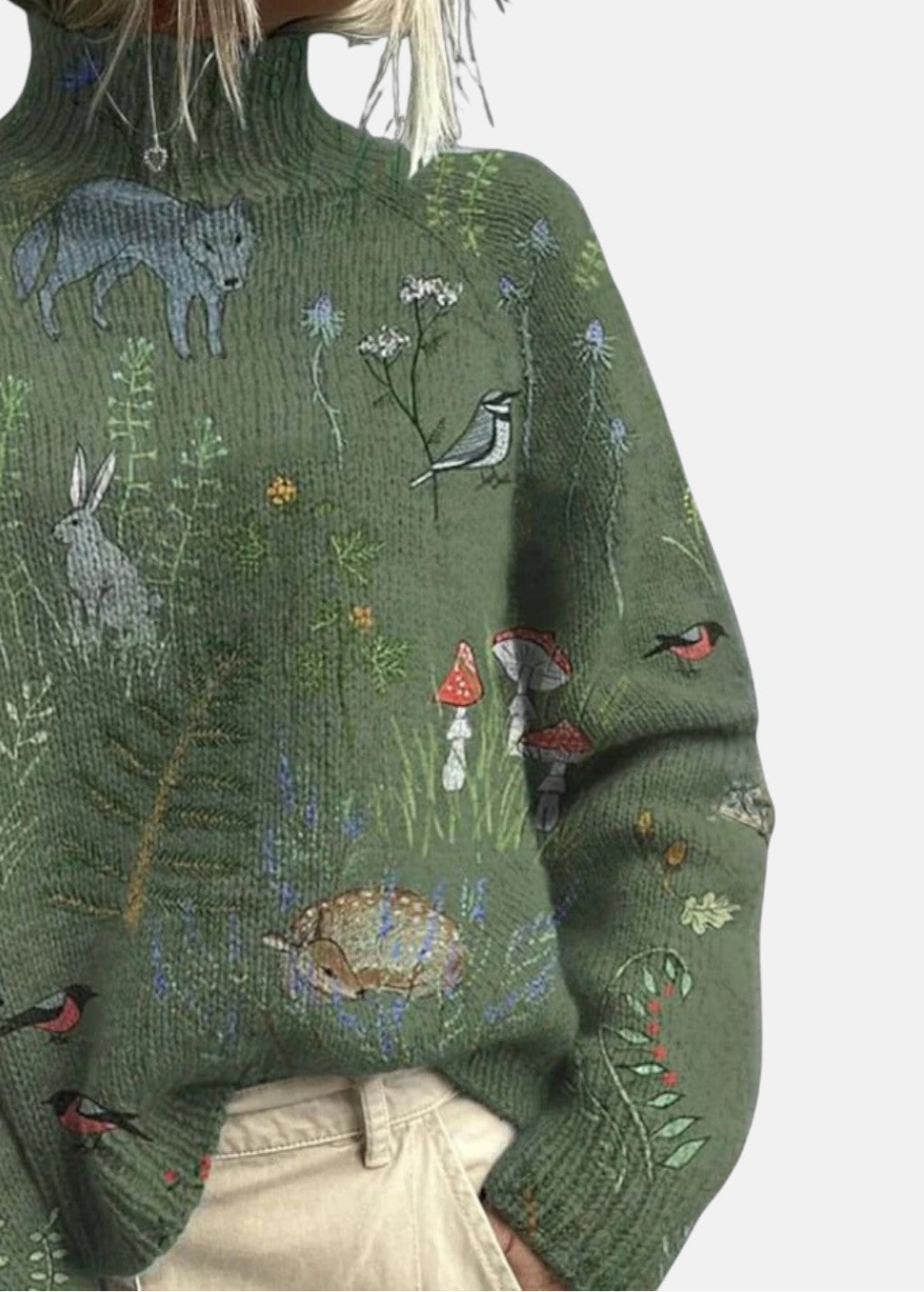 Women's long-sleeved patterned turtleneck jumper with ribbed trims