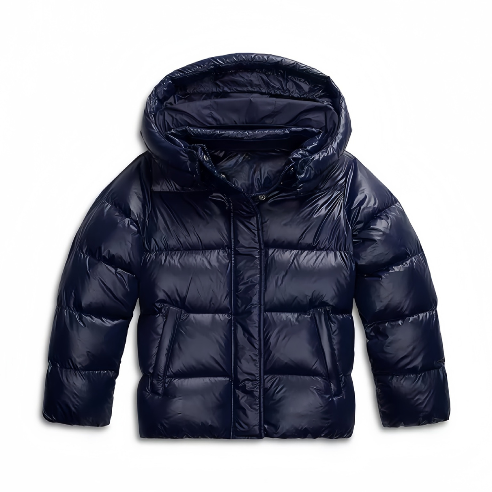 Women's hooded quilted puffer jacket with long sleeves and front pockets