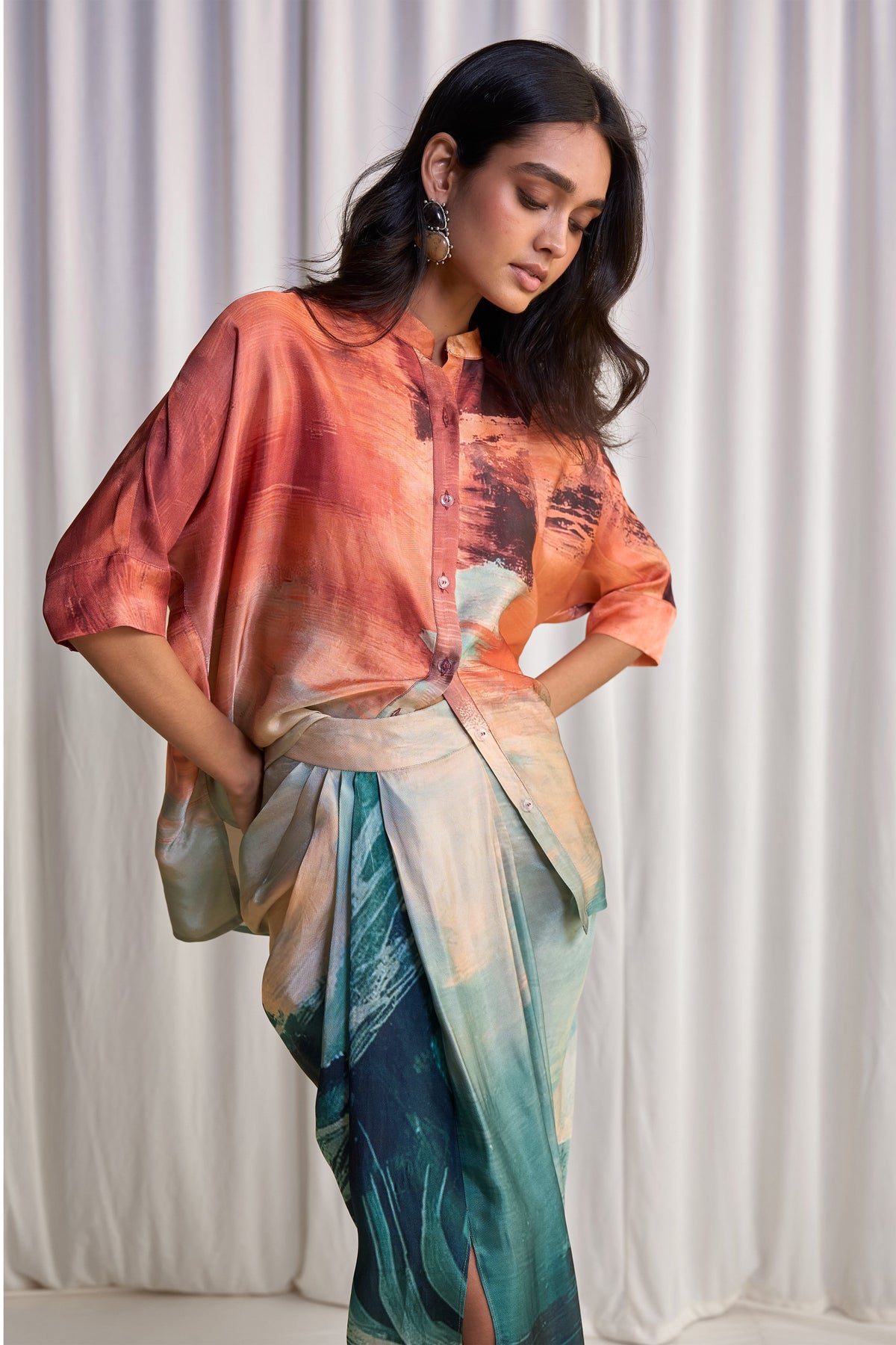 Women's multicoloured abstract brushstroke shirt and draped midi skirt set
