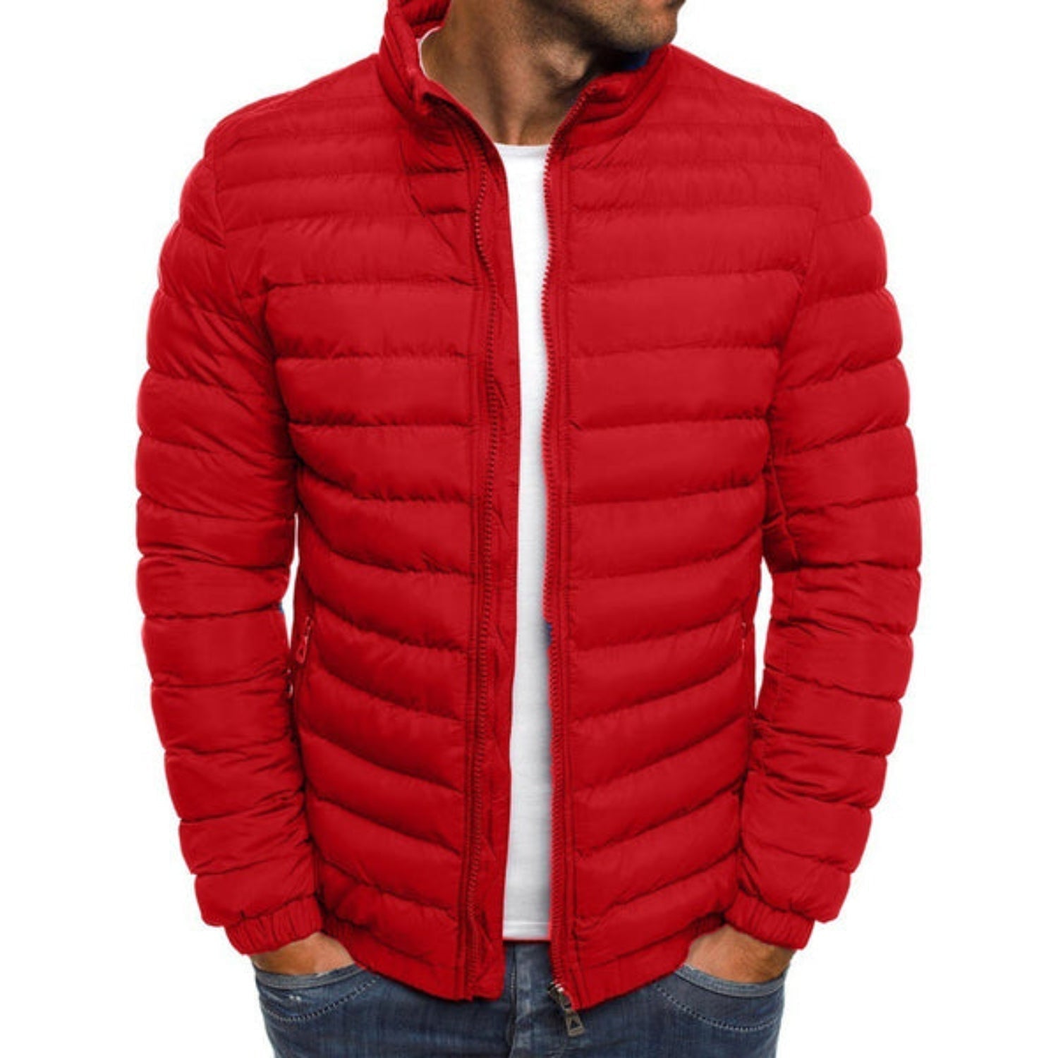 Men's Puffer Jacket Lightweight Stand Collar Zip - Red