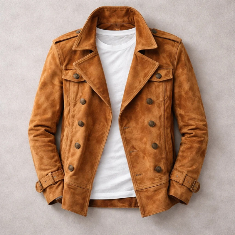 Men's structured Harrington coat with turn-down collar, button front, flap pockets and belted cuffs