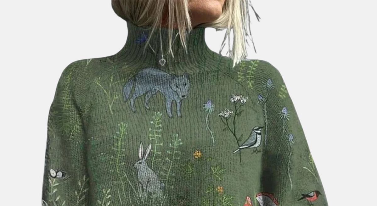 Women's long-sleeved patterned turtleneck jumper with ribbed trims