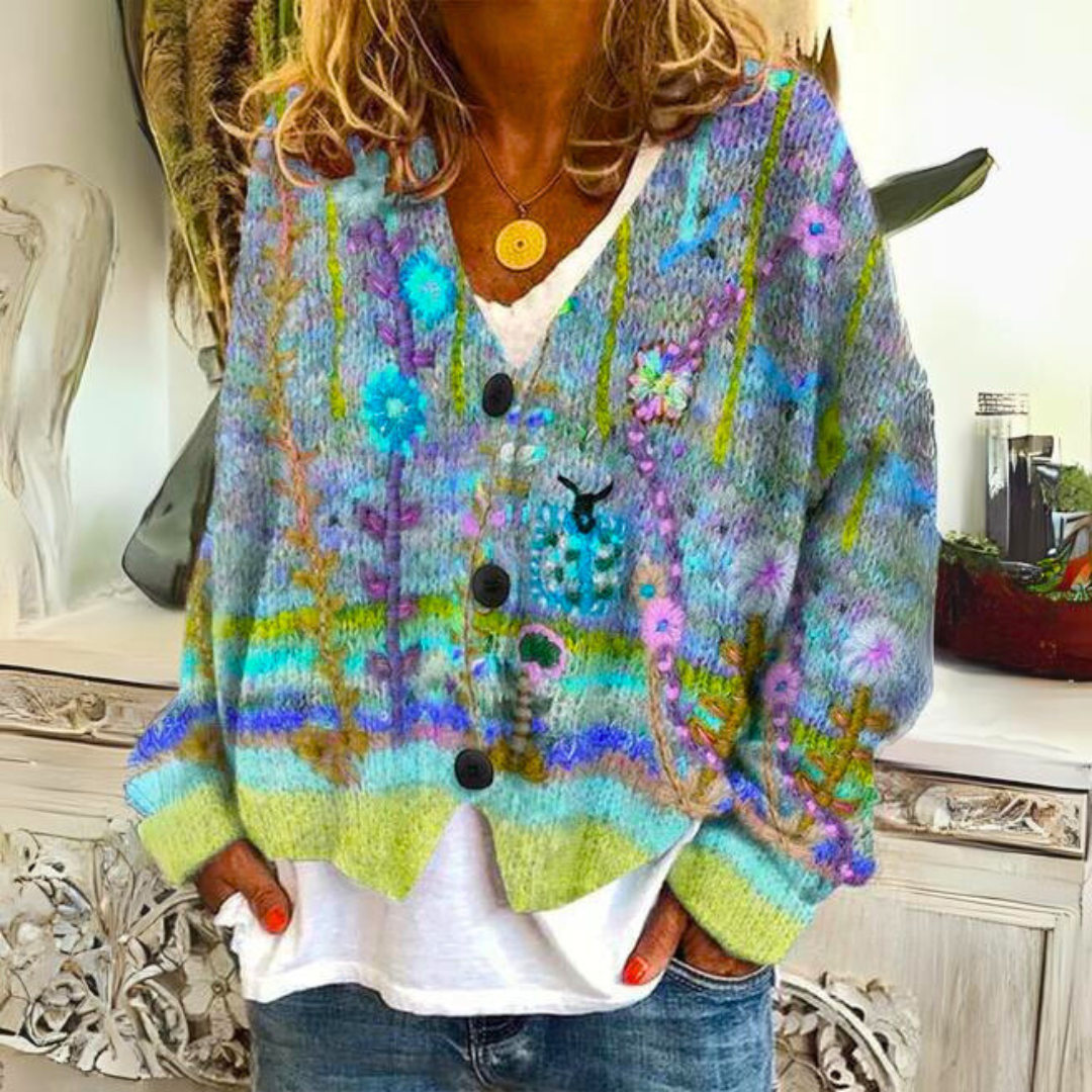 Women's colourful floral embroidered V-neck cardigan with long sleeves and buttons