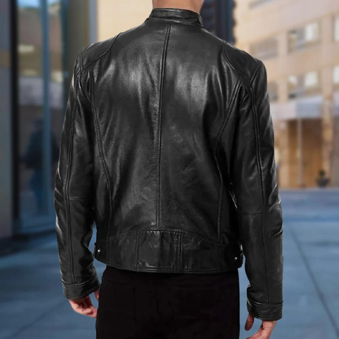 Men's fitted biker jacket with stand collar, long sleeves and zipped pockets