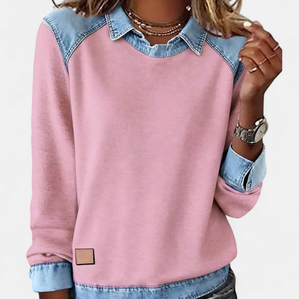 Women's long-sleeved collared sweatshirt with contrasting denim-style patchwork panels