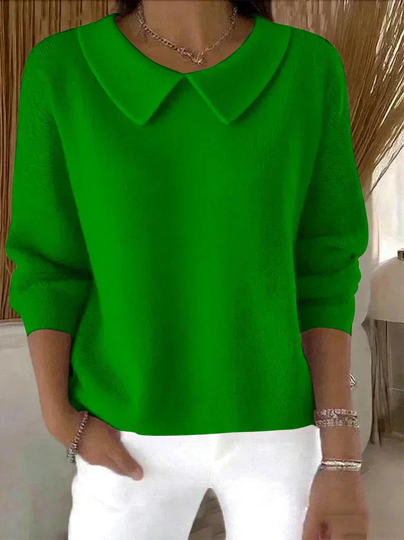 Women's long sleeve collared sweater with rounded collar and hip-length straight fit