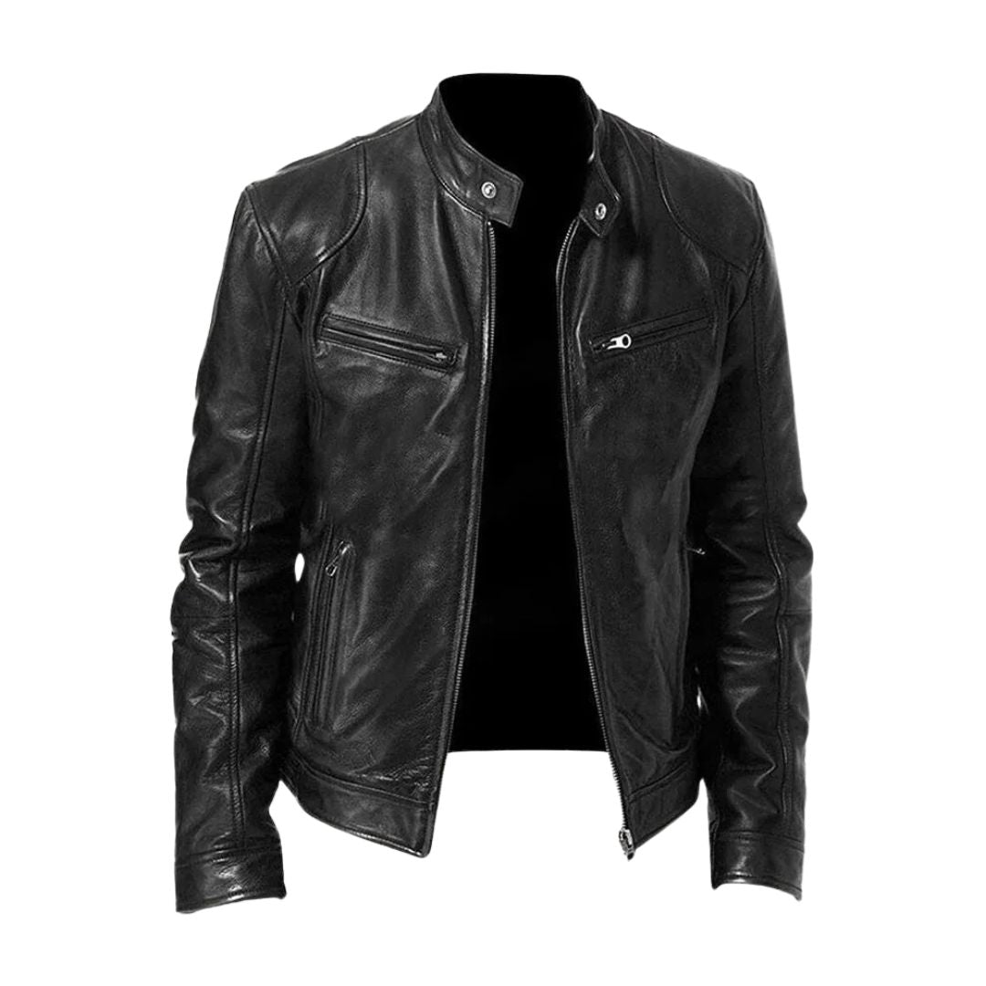 Men's zip-front biker jacket with stand collar and multiple zipped pockets