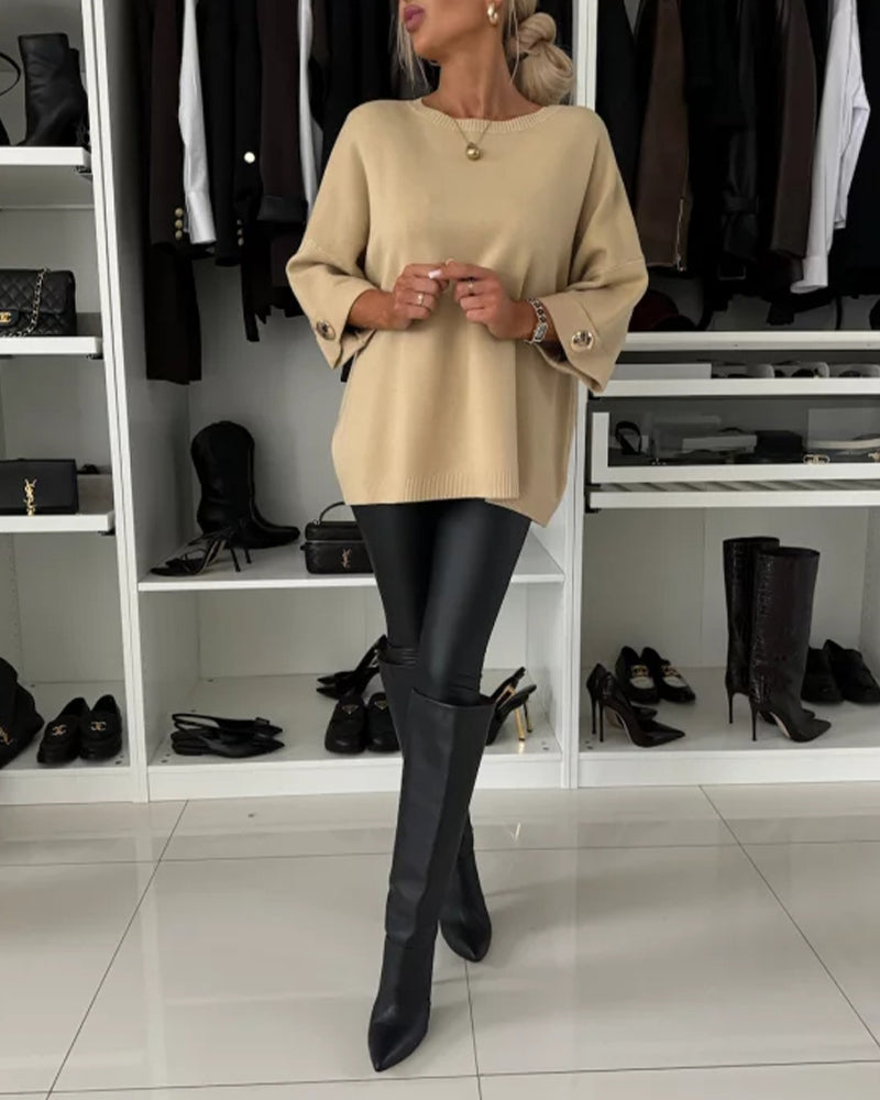 Women's plain round neck jumper with long sleeves and button cuffs