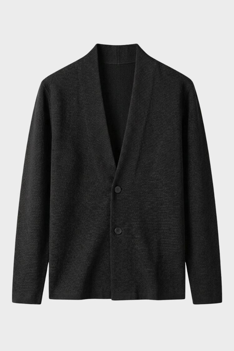 Men's textured long-sleeve cardigan with stand collar and button front