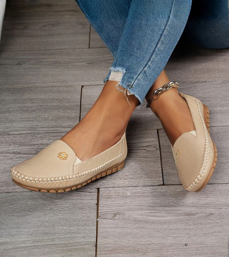 Women's plain square-toe moccasin loafers with decorative front trim and stitched edging