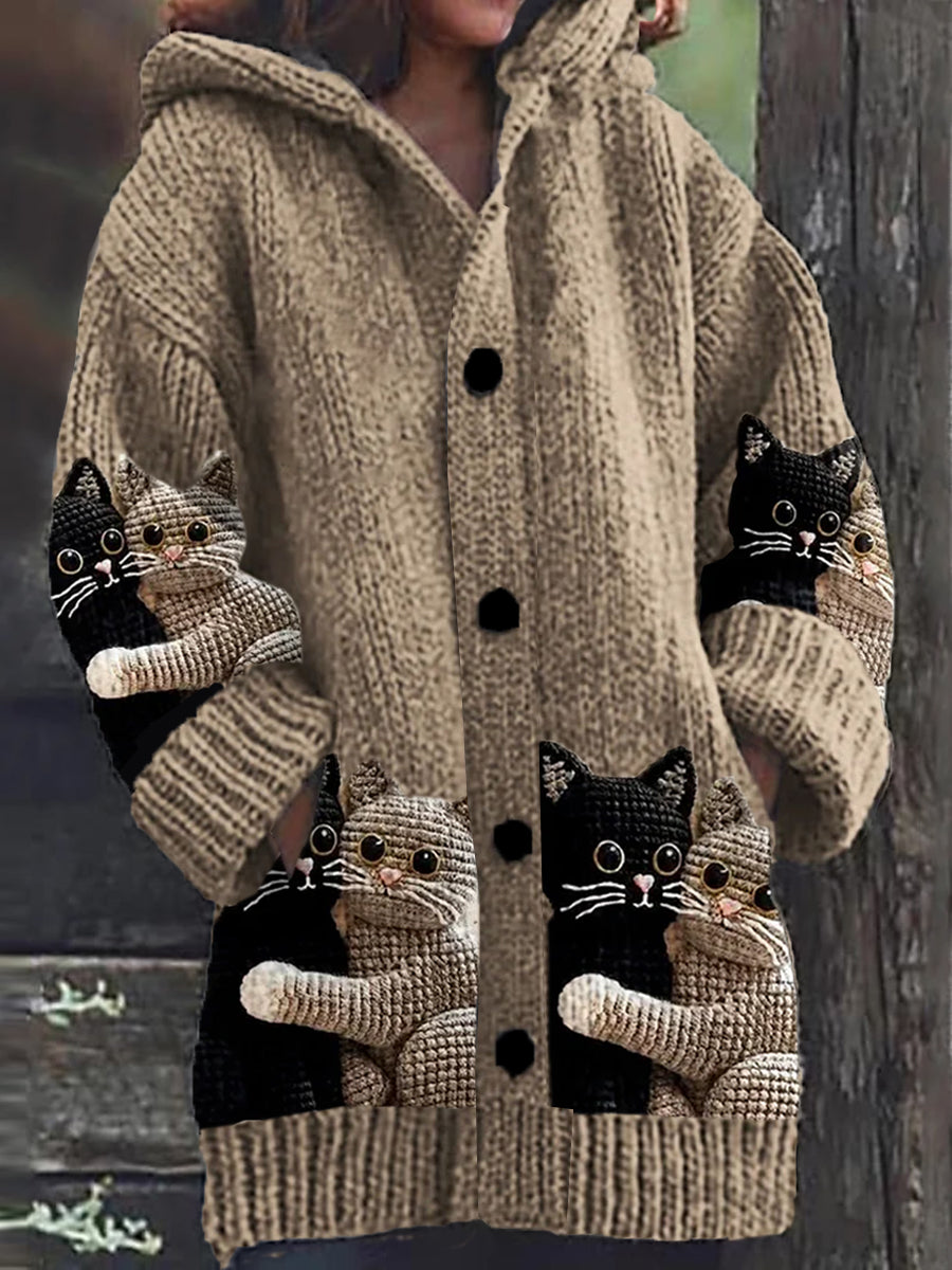 Women's hooded cardigan with cat print, buttons and long sleeves