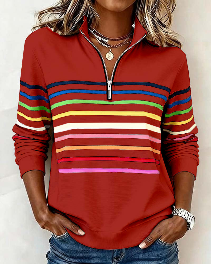 Women's striped half-zip sweatshirt with mock neck and long sleeves