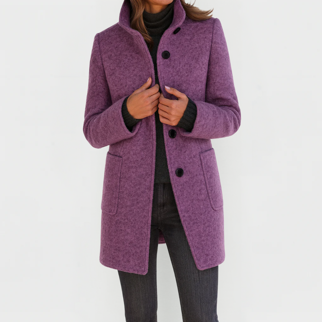 Women's structured button front coat with stand collar and patch pockets