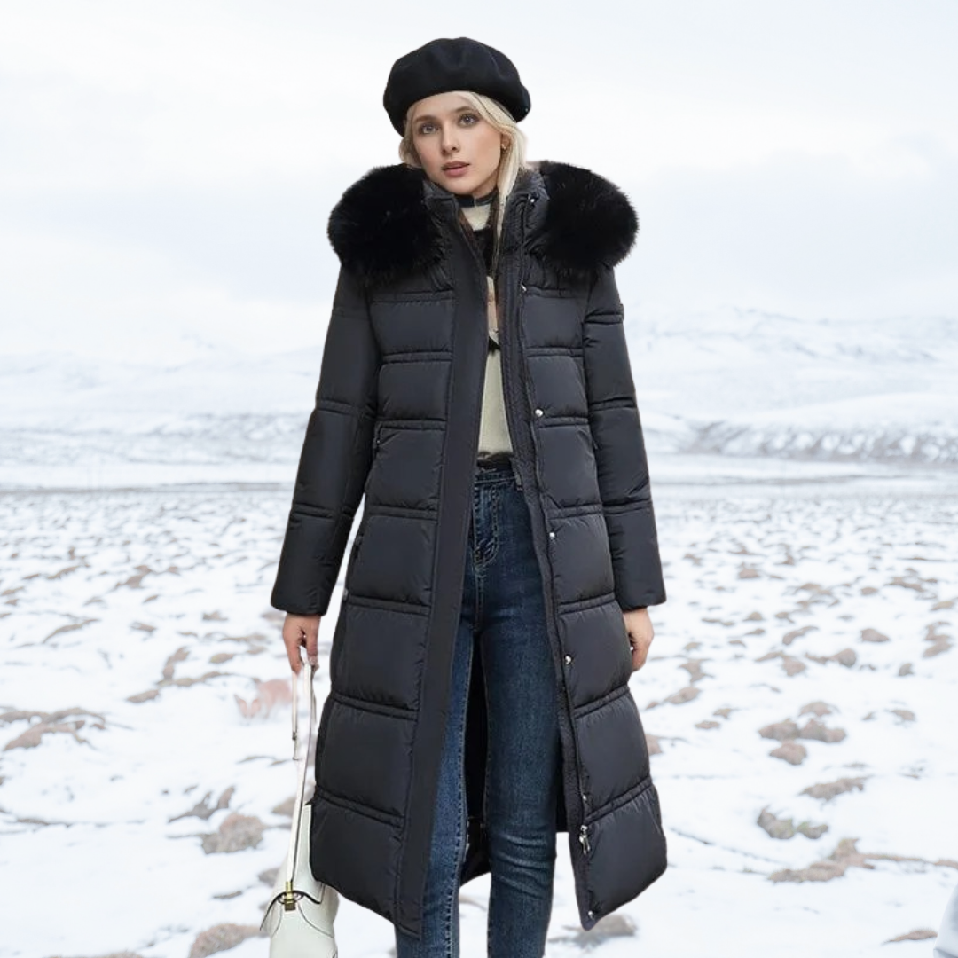 Women's long quilted hooded coat with fur-style trim