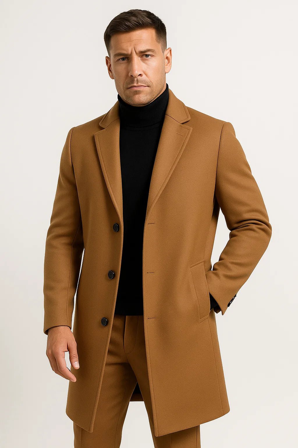 Men's longline trench coat with notched lapels and button front