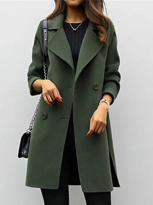 Women's long double-breasted coat with wide lapels and long sleeves