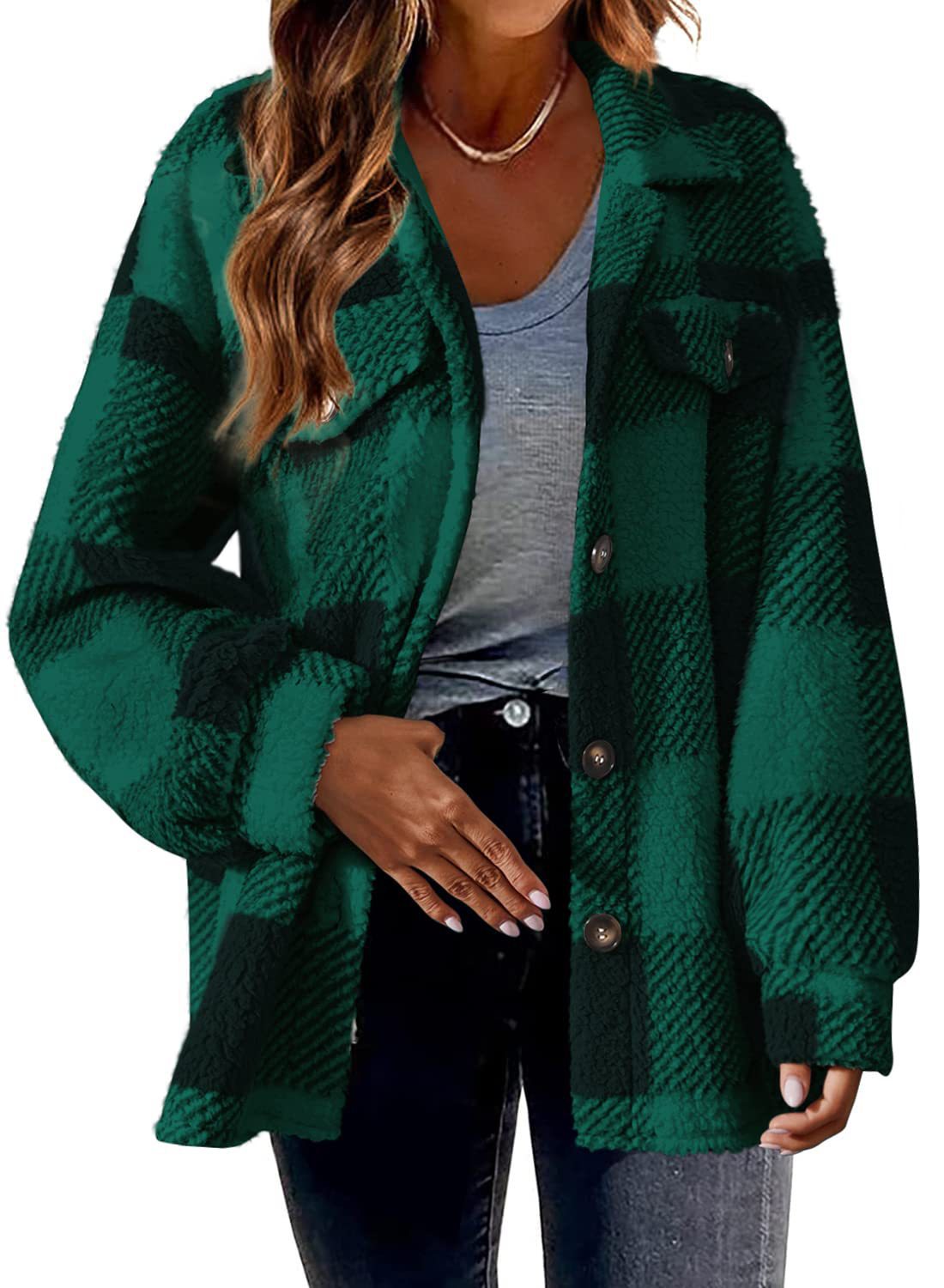 Women's checked textured shirt jacket with long sleeves, button front and chest pockets
