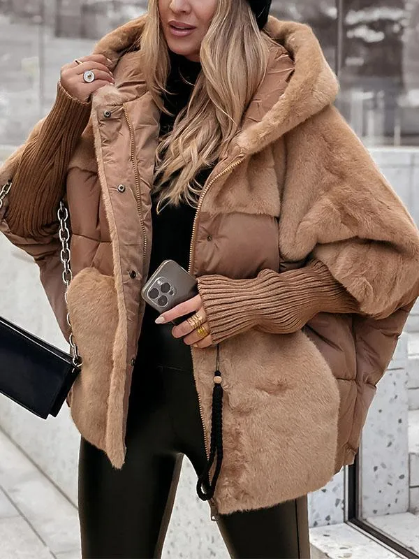 Women's hooded padded jacket with zip front, ribbed cuffs and plush textured trim