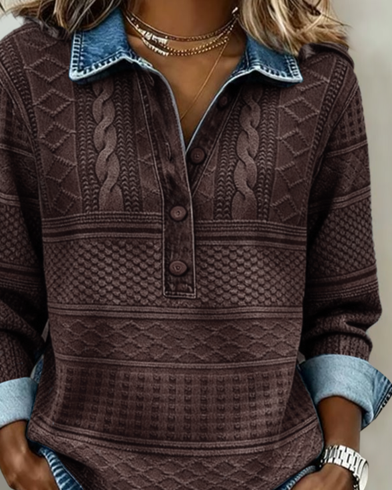 Women's textured collared jumper with button placket and long sleeves
