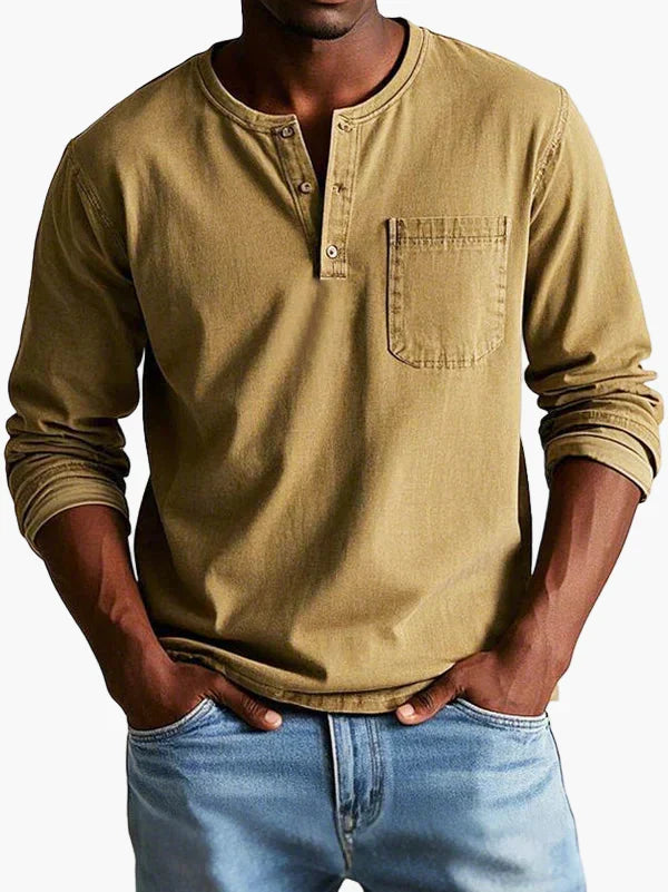 Men's long sleeve Henley shirt with Mandarin collar and chest pocket