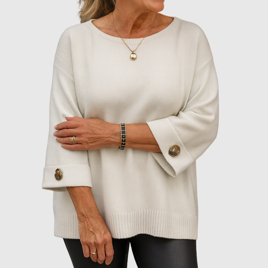 Women's round neck sweater with three-quarter sleeves and button cuffs