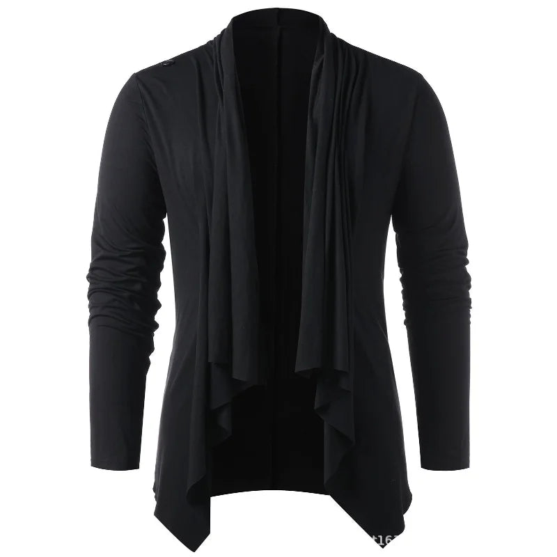 Men's long sleeve draped top with cowl neckline and asymmetric pointed hem