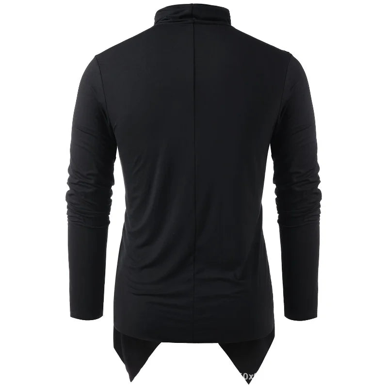 Men's long sleeve draped top with cowl neckline and asymmetric pointed hem
