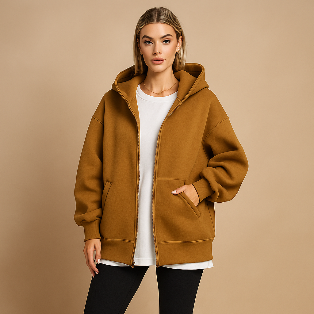 Women's oversized hooded zip-up sweatshirt with front pockets