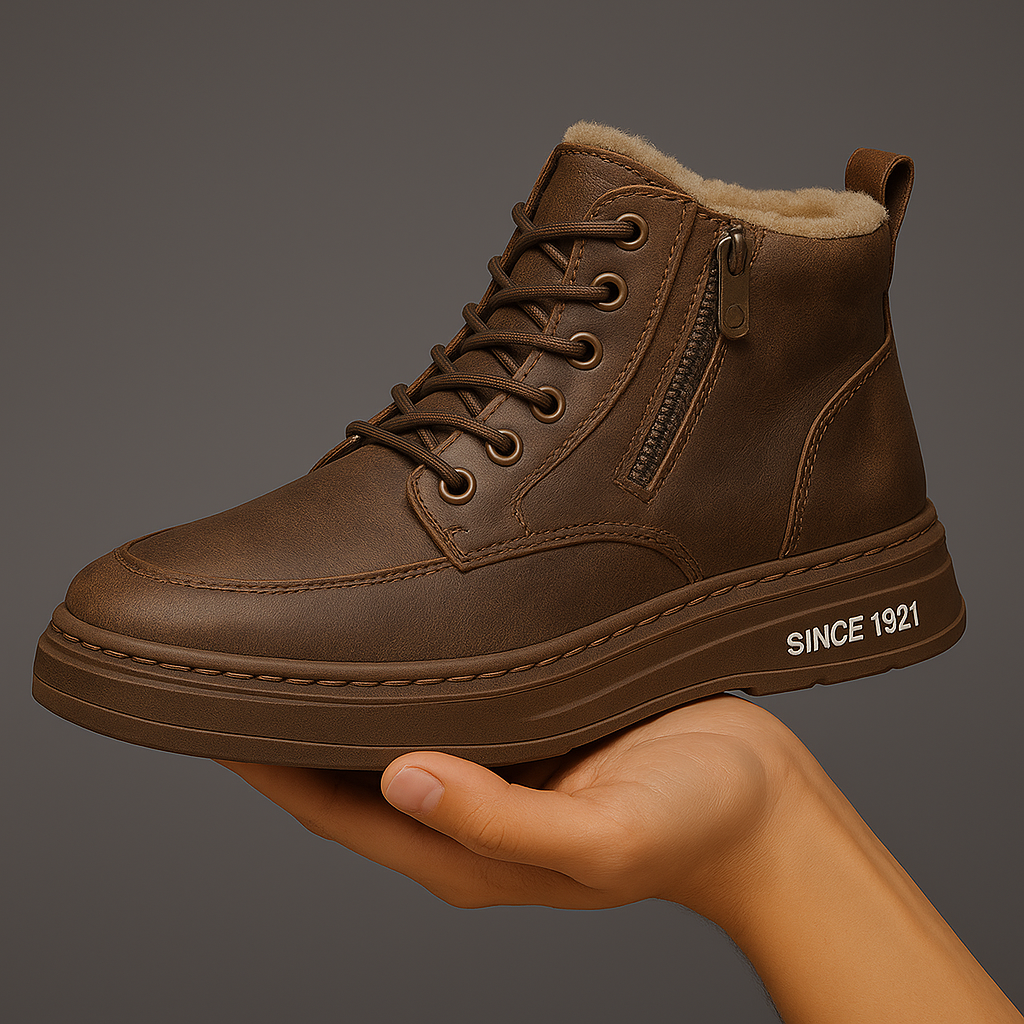 Men's shearling ankle boots with lace-up front, side zip and fleece-look collar