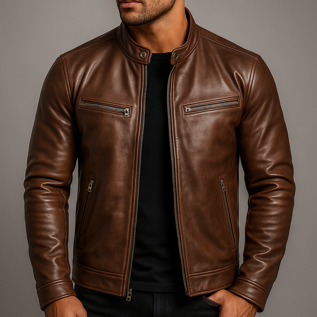 Men's Leather Jacket Slim Fit Band Collar - Brown