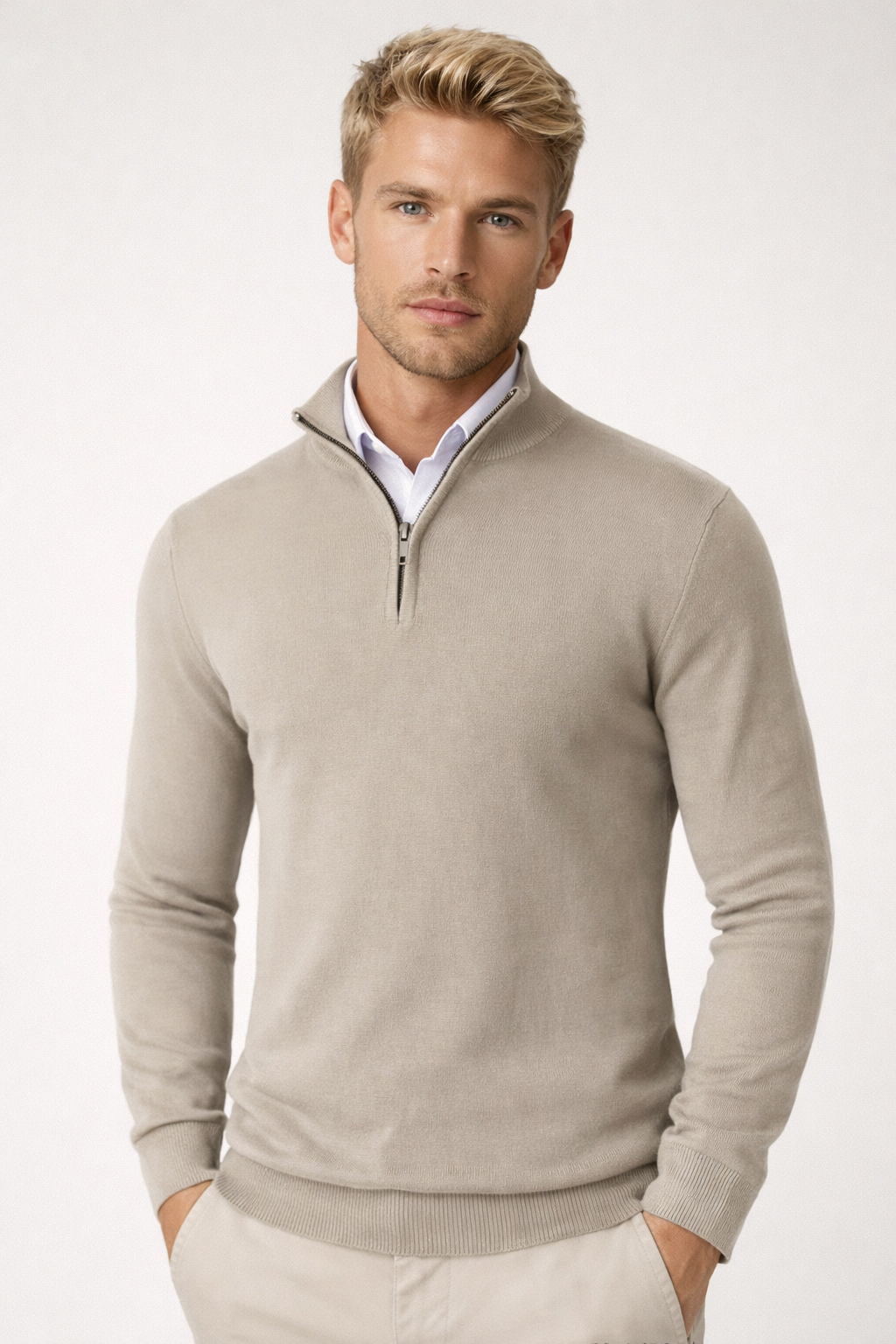 Men's long-sleeve half-zip jumper with raised collar and ribbed trims