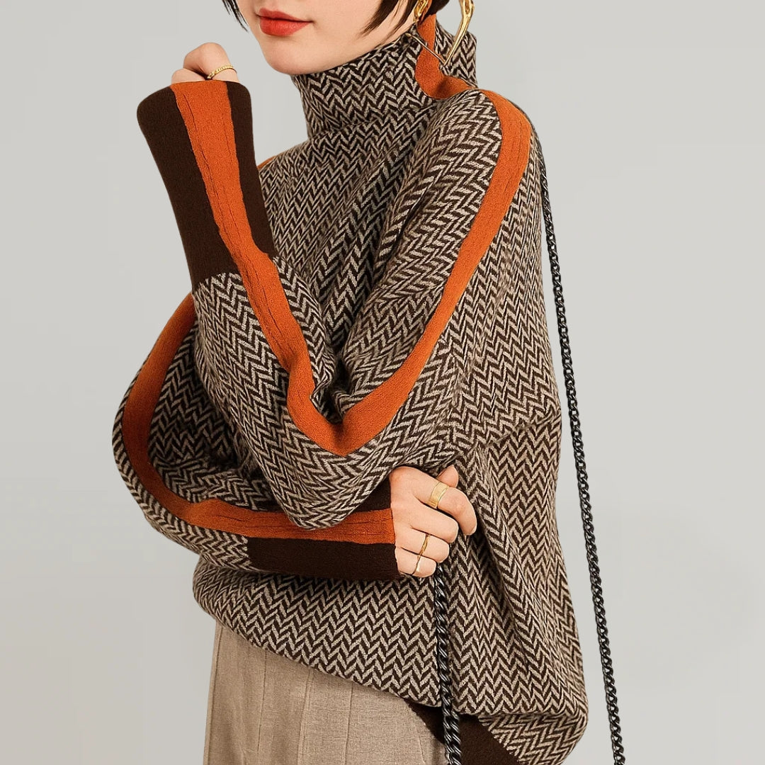 Women's chevron turtleneck jumper with contrast sleeve trims
